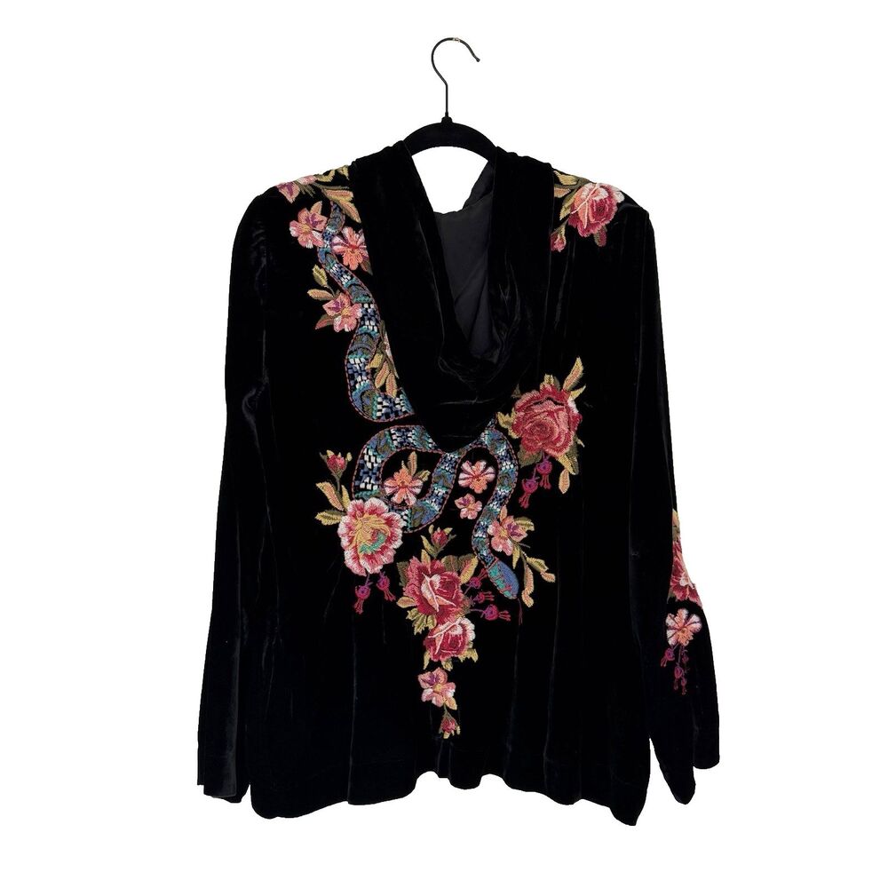 Johnny Was Black Velvet Silk Blend Embroidered Snake Malui Zip Hoodie Jacket S - Picture 2 of 7